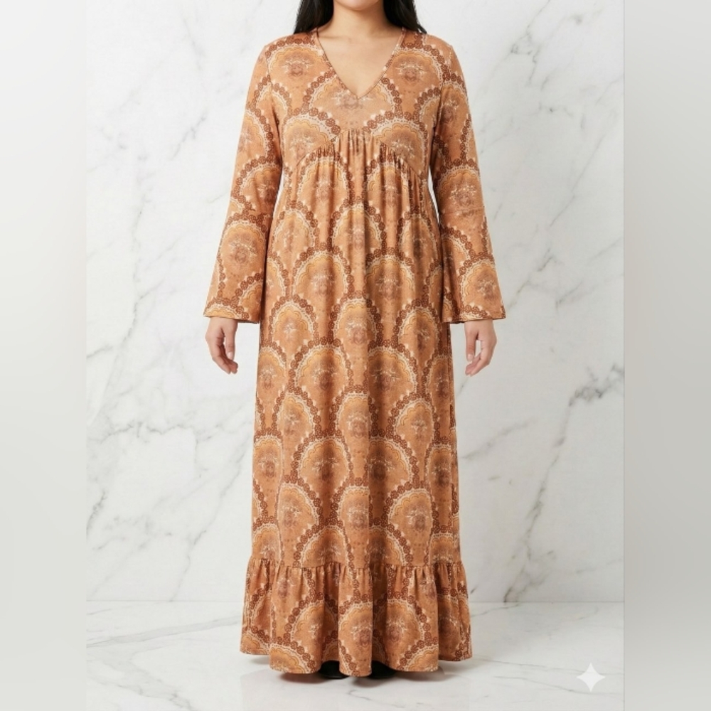 Elegant Brown Patterned Maxi Dress